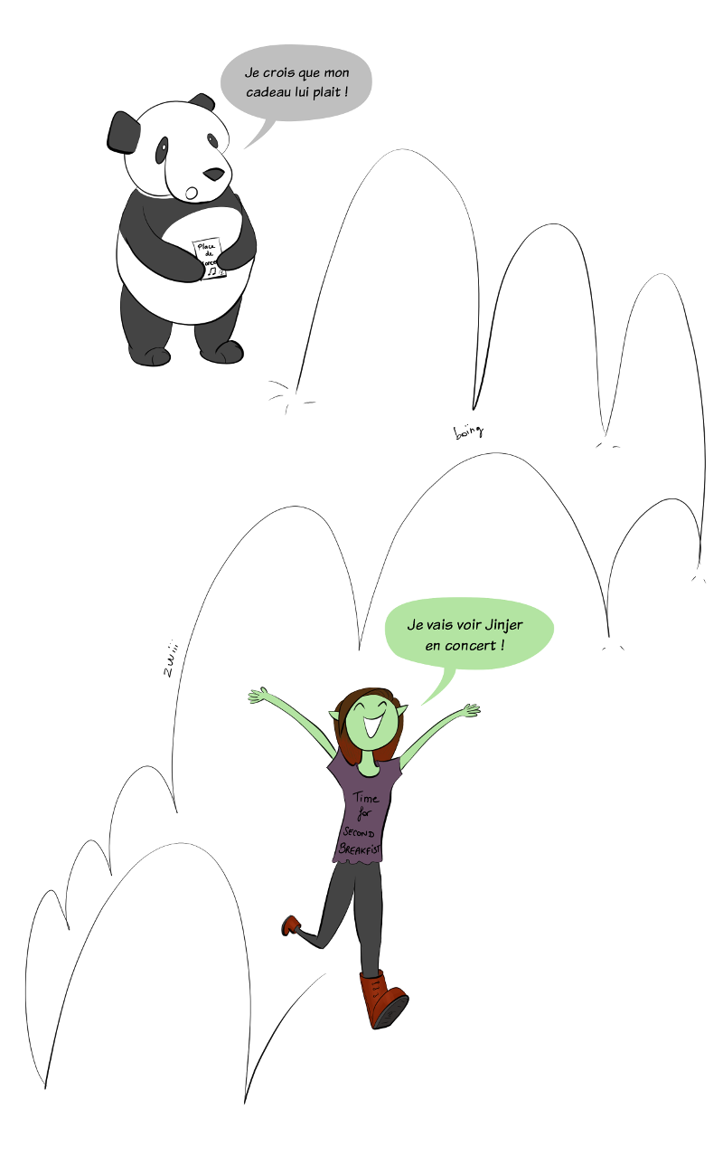 Illustration : Petit Lutin saute de joie et Moustache le panda constate "Je crois que mon cadeau lui plait"