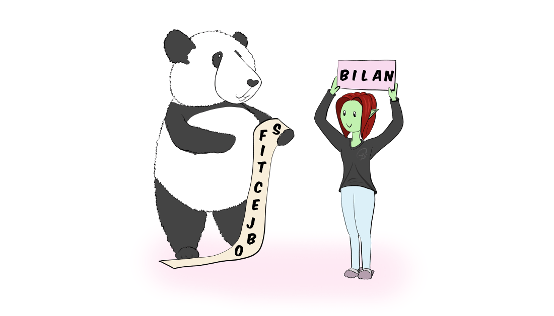 dessin : Moustache le panda tient une longue feuille sur laquelle il est écrit "objectifs", et Petit Lutin tient une pancarte où il y a écrit "bilan"