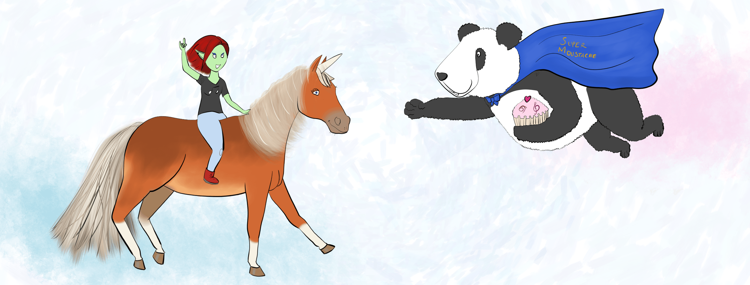 bannière : Petit Lutin est sur une licorne alezan crins lavés, et Moustache le panda vole vers elle avec sa cape de Super Moustache et un gros gâteau sous le bras