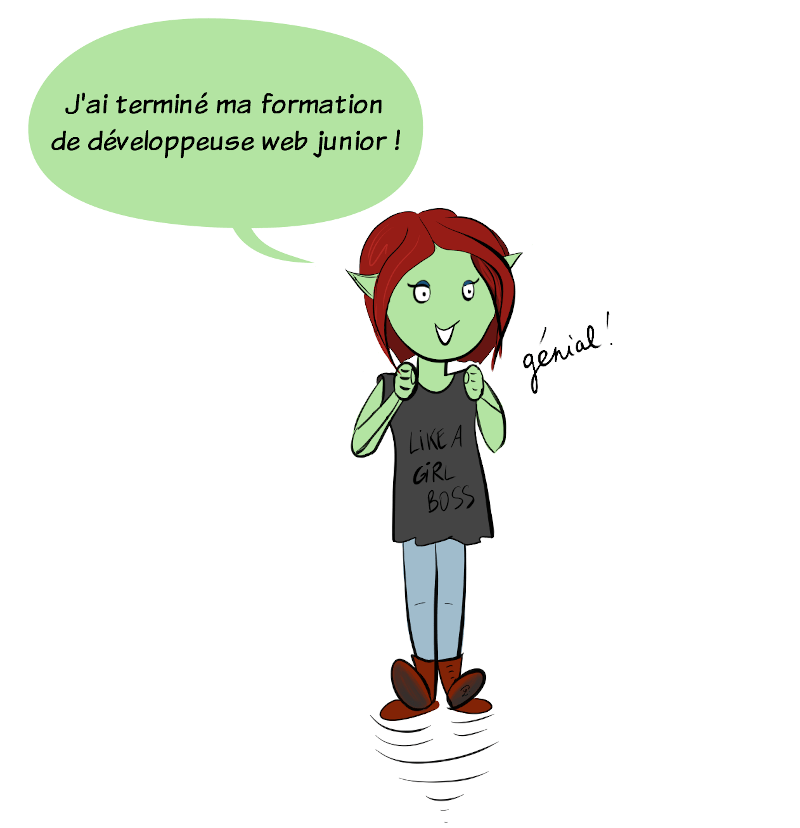 Petit Lutin saute de joie en disant "j'ai terminé ma formation de développeuse web junior !"