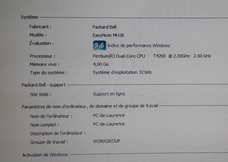 Capture d'écran du type de processeur contenu dans l'ordinateur