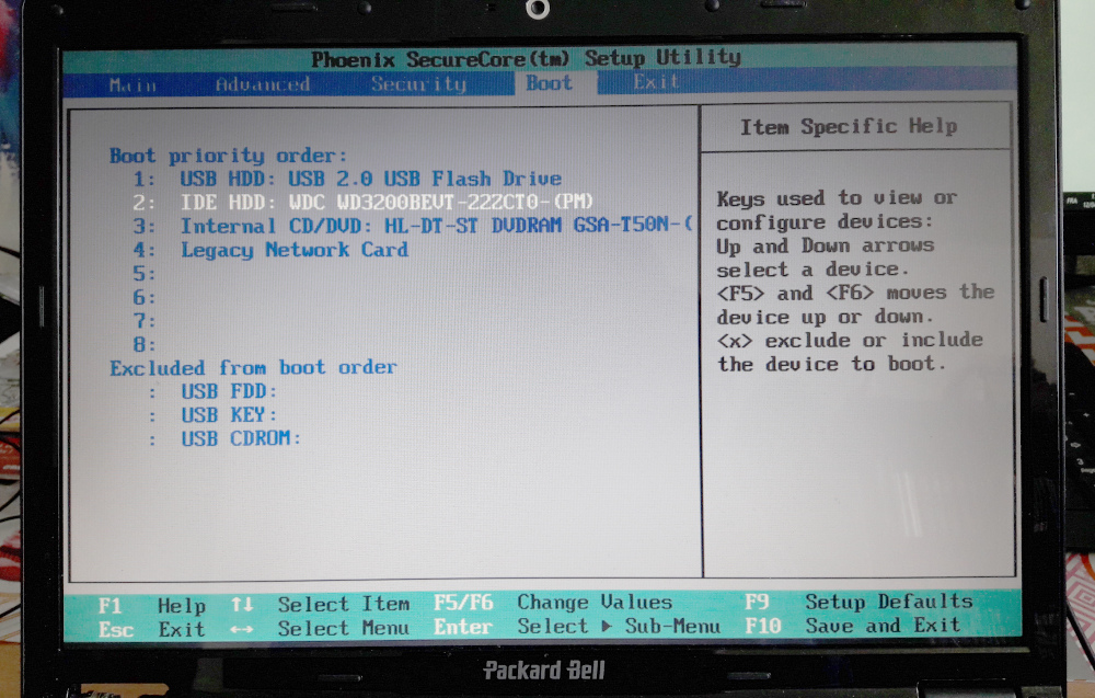capture d'écran du bios : boot order