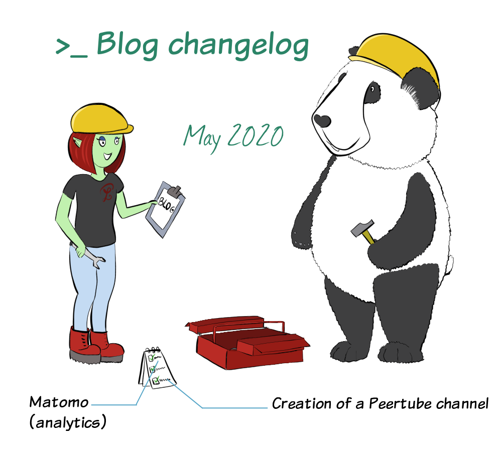Petit Lutin and Moustache the panda wear protective hats. Between them, there is a toolbox. Petit Lutin holds an adjustable wrench and a paper where it is written "blog", and Moustache holds a hammer. What's new on the blog is that Matomo analytics has been installed, and I've also installed Peertube to create my own video channel.