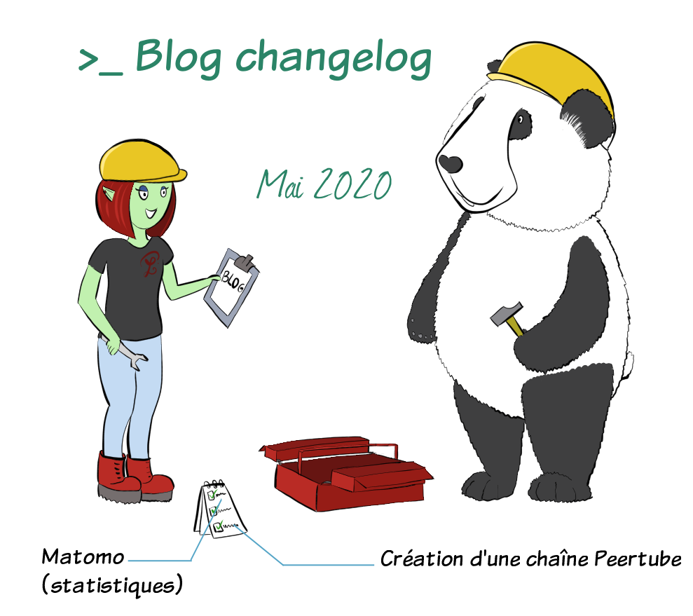 Petit Lutin et Moustache le panda portent des casques de chantier. Entre eux est ouverte une caisse à outils. Petit Lutin tient une clé à molette et une feuille sur laquelle il est écrit "blog", et Moustache un marteau. Les choses réalisées sont l'installation de Matomo pour les statistiques du blog, ainsi que l'installation et la création d'une chaîne Peertube.