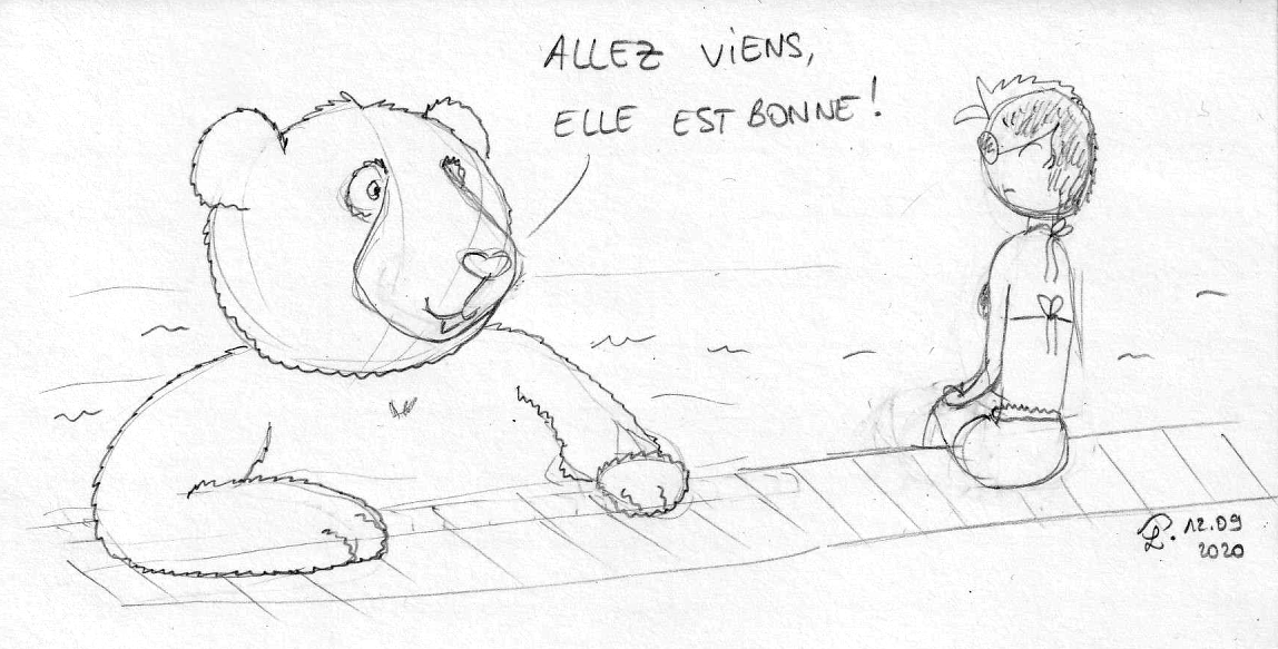 Dessin : Moustache le panda se baigne dans la piscine, en disant à Petit Lutin qui reste sur le bord : "Allez viens, elle est bonne !"