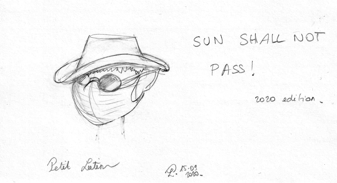 Self-portrait of myself, Petit Lutin, wearing a cowboy hat, sunglasses and a face mask. It is written "Sun shall not pass !"