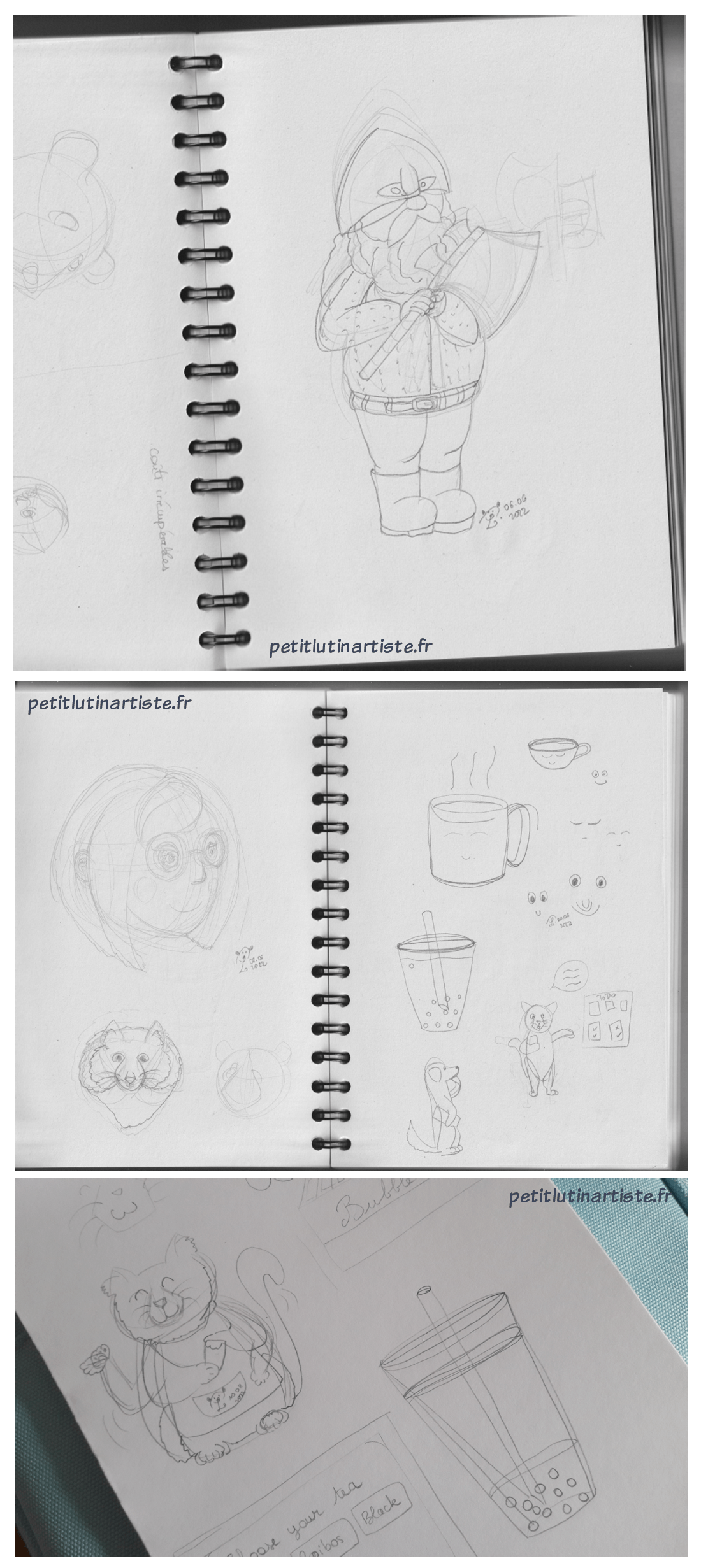 de haut en bas : croquis d'un nain, croquis d'un autoportrait et d'un chat, croquis d'un chat qui sert des bubble tea
