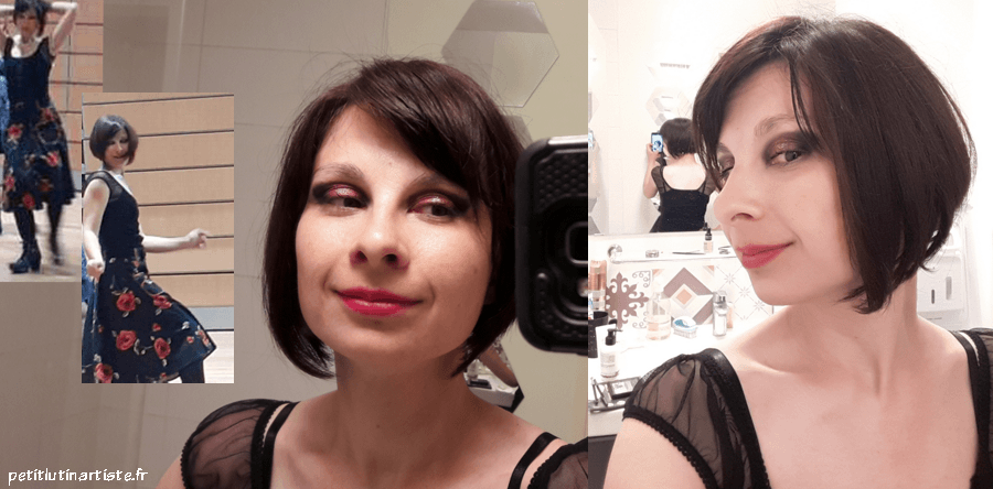 le bon vieux selfie de salle de bain où je porte un maquillage rose et noir, photos du spectacles où j'ai un haut noir et une jupe noire à fleurs roses