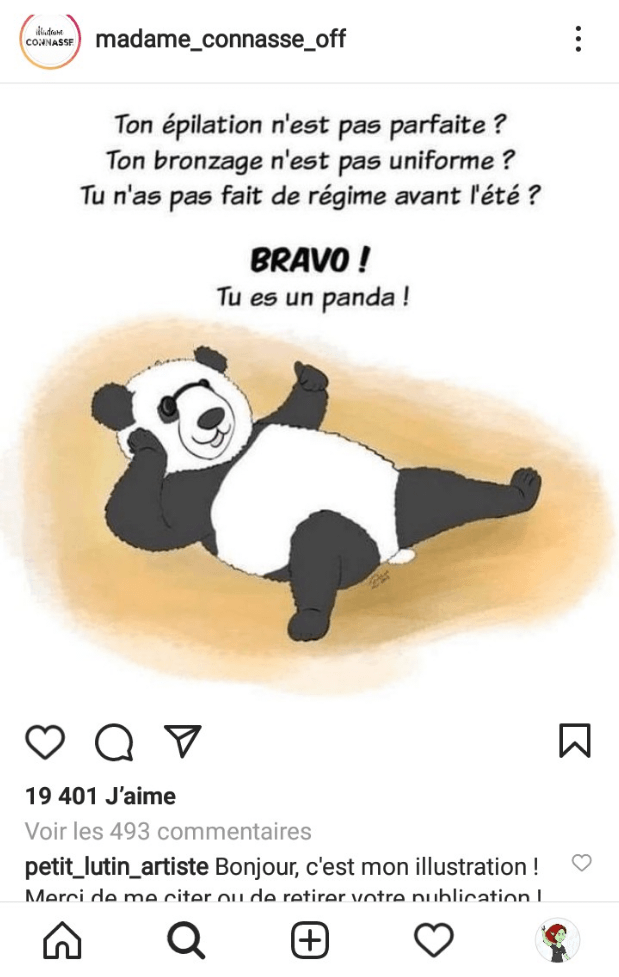 mon illustration Summer panda reprise par un compte Instagram bien plus influent que le mien. 19 000 likes au moment de ma capture d'écran, envion 700 commentaires.