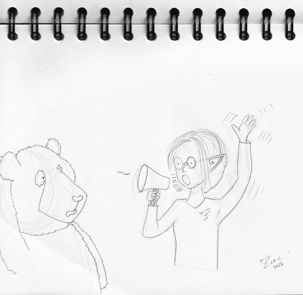 Croquis de Petit Lutin qui crie dans un mégaphone et qui agite la main pour être remarquée de Moustache, le panda. Il tend l'oreille mais n'entend rien.
