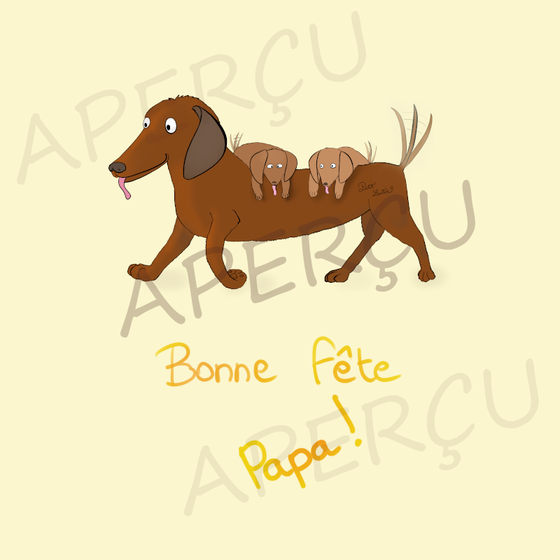 Un papa chien porte ses 2 chiots sur son dos, tous 3 remuent la queue de joie. Le chiot de gauche louche.