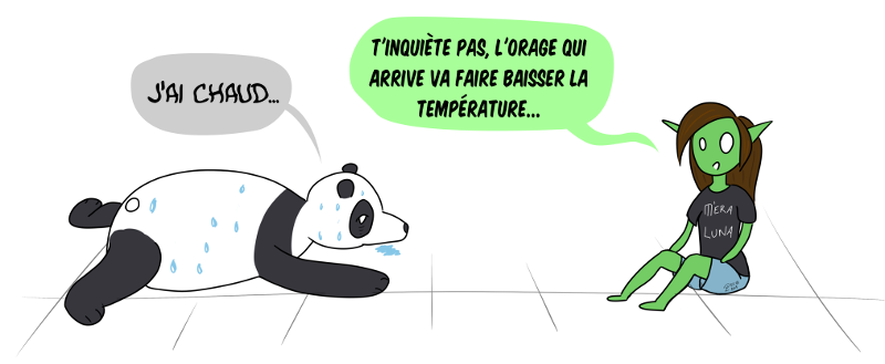 Case de BD : Moustache le panda a chaud... Petit Lutin lui dit de ne pas s'inquiéter car un orage arrive et que la température va baisser...