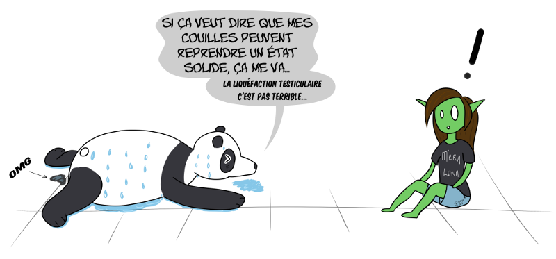 Case de BD : Moustache le panda rétorque : "Si ça veut dire que mes couilles peuvent reprendre un état solide, ça me va... la liquéfaction testiculaire c'est pas terrible..." Cette réponse a de quoi surprendre Petit Lutin, haha !