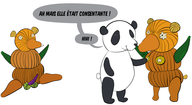 "Mais elle était consentante !" dit Moustache, en jouant avec ses statues de panda faites en amas de potirons, patissons, butternut, courges...