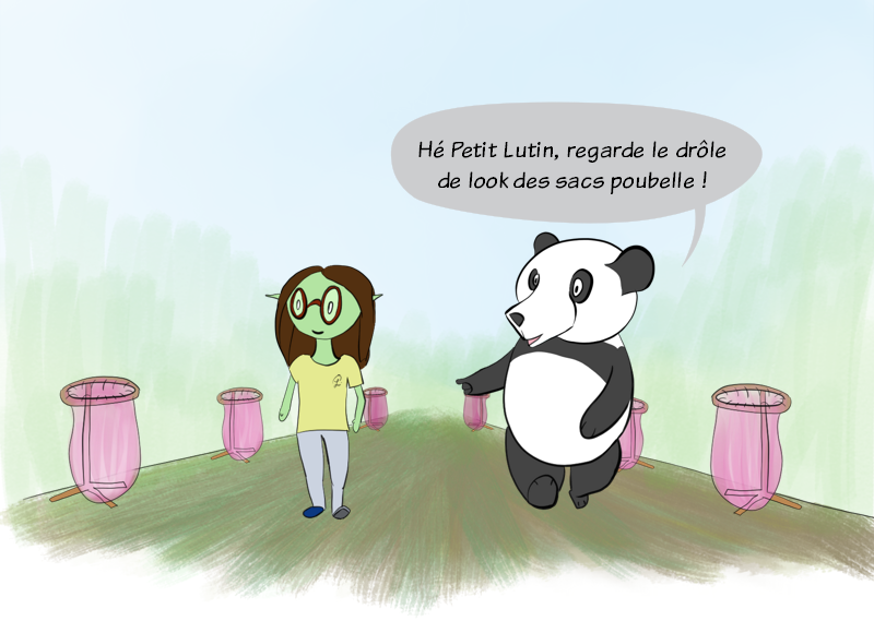 Petit Lutin et Moustache (le panda), adolescents, se promènent dans un parc et Moustache trouve que les sacs poubelles roses sur leurs accroches circulaires lui font penser à quelque chose