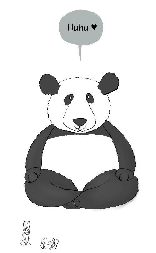 Case de BD : Moustache le panda dit 'Huhu' et un.e lapin.e en incite un autre à faire des galipettes.
