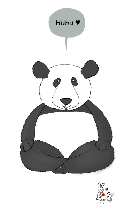 Case de BD : Moustache le panda dit Huhu', les lapins font des galipettes.