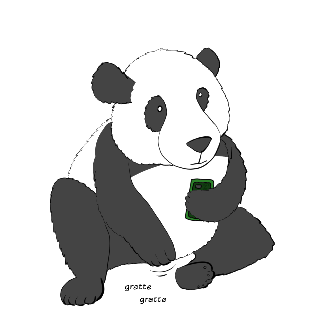 Case de BD : Moustache le panda se gratte l'entrejambe.