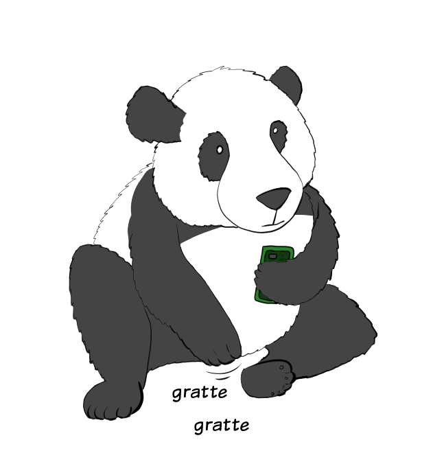 Case de BD : Moustache le panda se gratte l'entrejambe un peu plus fort.
