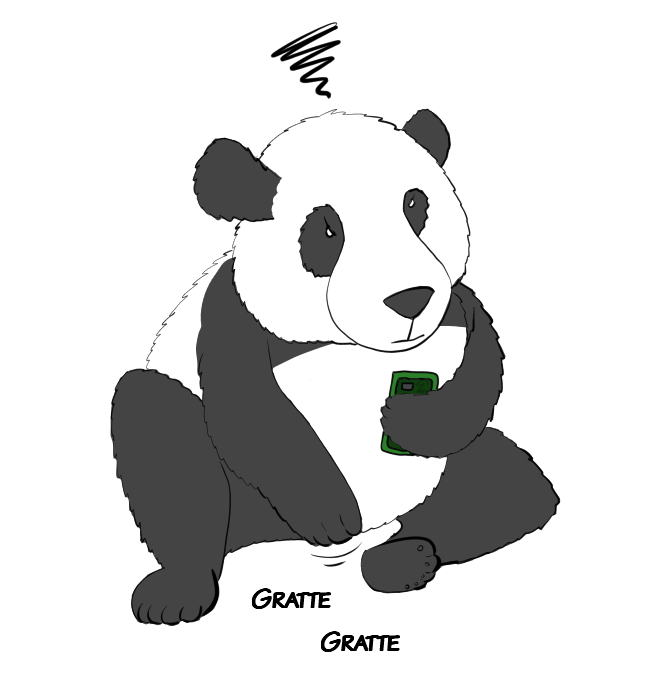 Case de BD : Moustache le panda se gratte vivement l'entrejambe et ça l'énerve.