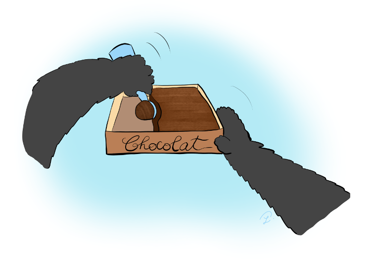 Case de BD : Moustache le panda utilise une cuillère spéciale pour faire une boule de glace au chocolat.