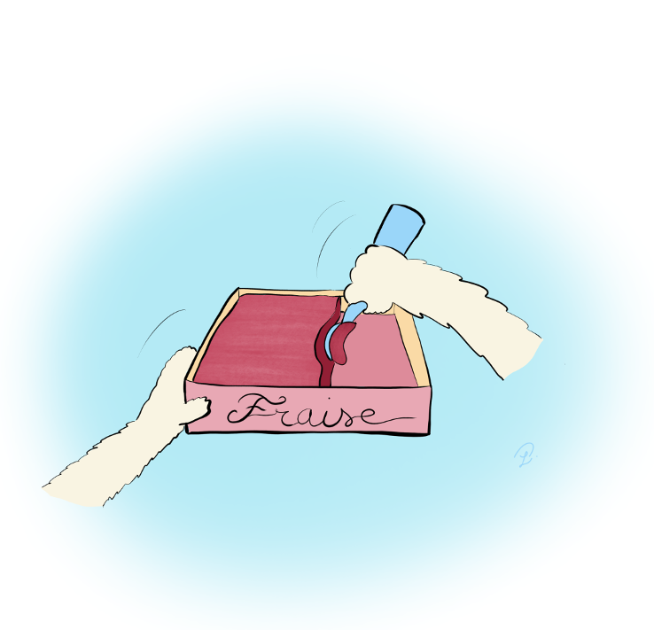 Case de BD : un lapin utilise une cuillère spéciale pour faire une boule de glace au chocolat.