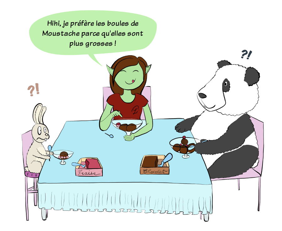 Case de BD : Petit Lutin dit :'Hihi, je préfère les boules de Moustache parce qu'elles sont plus grosses' en parlant de la glace.
