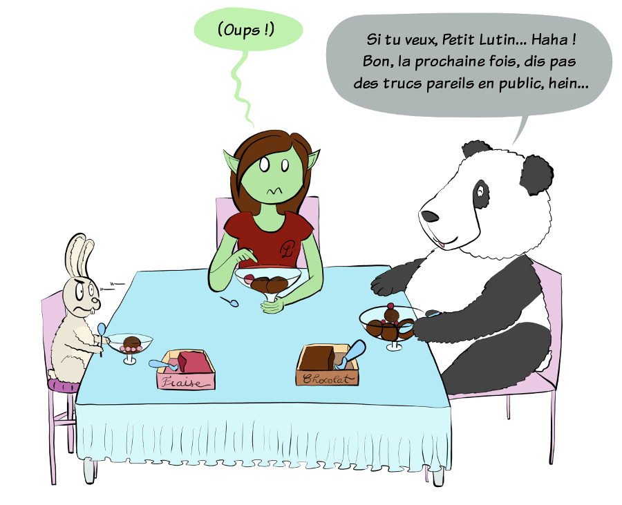Case de BD : Moustache le panda rit et dit :'Si tu veux Petit Lutin... Haha ! Mais ne dis pas des trucs comme ça en public la prochaine fois, hein...'