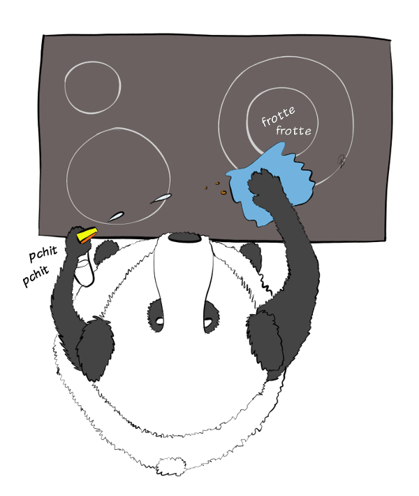Case de BD : Moustache le panda utilise un 'pchit' nettoyant et un chiffon en microfibres pour nettoyer la plaque de cuisson