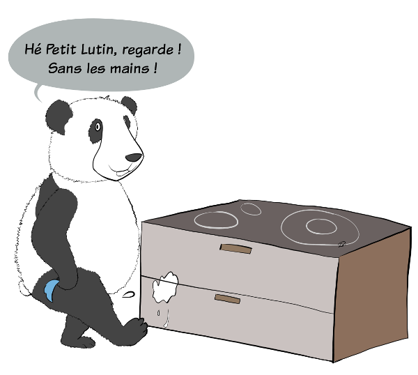 Case de BD : Moustache le panda cache le pchit et le met derrière lui. Il appuie sur la gachette, on voit le jet qui sort derrière lui. Il fait croire à Petit Lutin qu'il a mis de sa semence sur le meuble situé sous la plaque de cuisson.