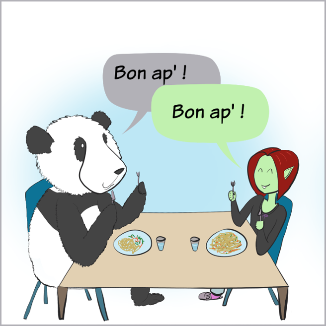Case de BD : Moustache le panda et Petit Lutin s'apprêtent à manger, le plat de Petit Lutin est beaucoup plus conséquent que celui de Moustache.