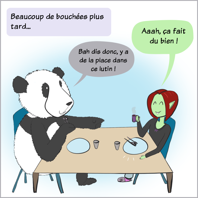 Case de BD : les assiettes sont vides, Petit Lutin dit 'Aaah, j'ai bien mangé' et Moustache le panda lui dit :'Oh bah dis donc, il y a de la place dans ce lutin !'