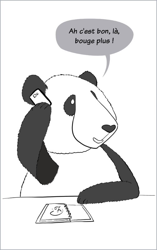 Moustache le panda, dit à Petit Lutin au téléphone, dit "ah c'est bon, là, bouge plus !"