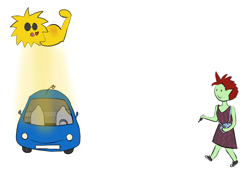 Case de BD : Petit Lutin marche vers sa voiture qui est garée au soleil. Le soleil est représenté avec des muscles pour montrer qu'il est très fort.