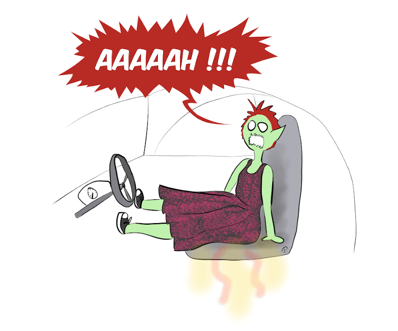 Case de BD : comme la voiture était au soleil, le siège est brûlant, et Petit Lutin se brûle les fesses !