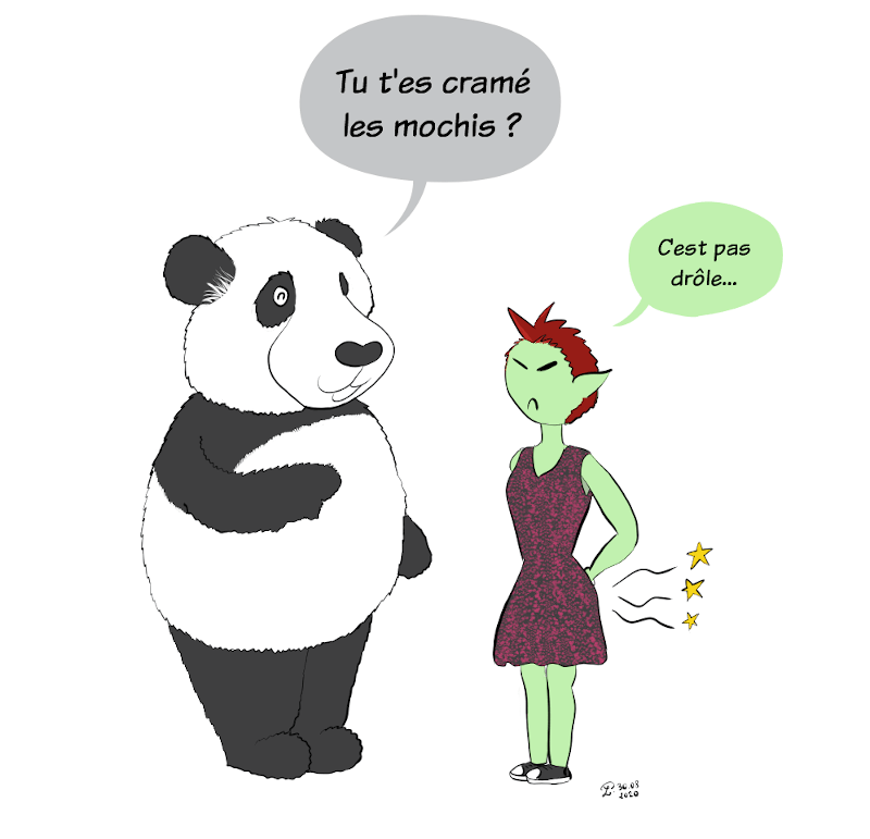 Case de BD : Moustache le panda lui dit :'Tu t'es cramé les mochis ?', ce à quoi elle répond que ce n'est pas drôle...