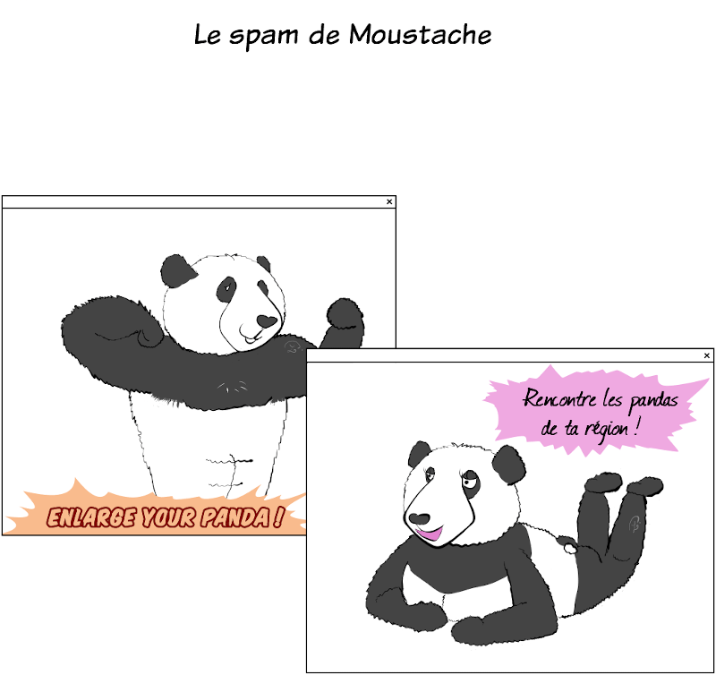 Dessin : de fausses publicités indésirables. La première représente un panda très très musclé et il est écrit "ENLARGE YOUR PANDA". La deuxième représente une panda très maquillée dans une pose suggestive, et il est écrit "Rencontre les pandas de ta région !"