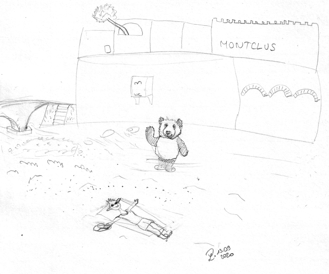 Dessin : au pied du village médiéval de Montclus, Moustache se trempe les pattes dans la Cèze alors que Petit Lutin se repose sur une serviette, sur la berge.