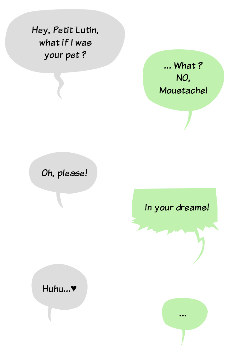Comic speechbubbles. Moustache the panda says :"Hey, Petit Lutin, what if I was your pet ?" Petit Lutin "... What ? No no no Moustache !" Moustache insists :"Oh, please !" Petit Lutin, angry :"In your deams !" and Moustache replies :"Huhu !"
