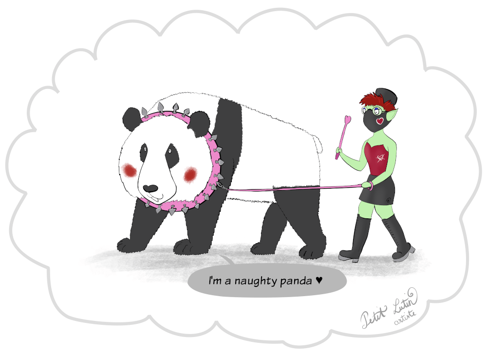 Moustache the panda imagines being walked on a leash by Petit Lutin. Petit Lutin wears a kepi, a back woven facemask with a heart, a red corset with a heart, a short skirt in faux leather, and New Rock boots. In one hand, she holds the leash, and in the other, she holds a pink  whip which has a heart at the end. Moustache' leash and collar are pink. Moustache is happy and blushing. He says "I'm a naughty panda".