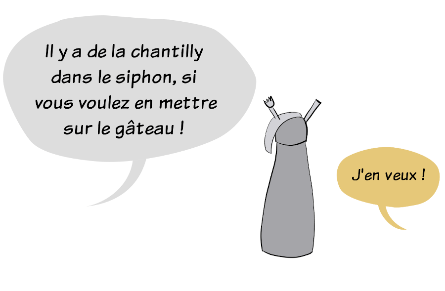 Bulle de BD : On voit un siphon à chantilly. Moustache le panda dit "Il y a de la chantilly dans le siphon, si vous voulez en mettre sur le gâteau !" Un suricate (que l'on verra dans la prochaine case) dit : "J'en veux !"