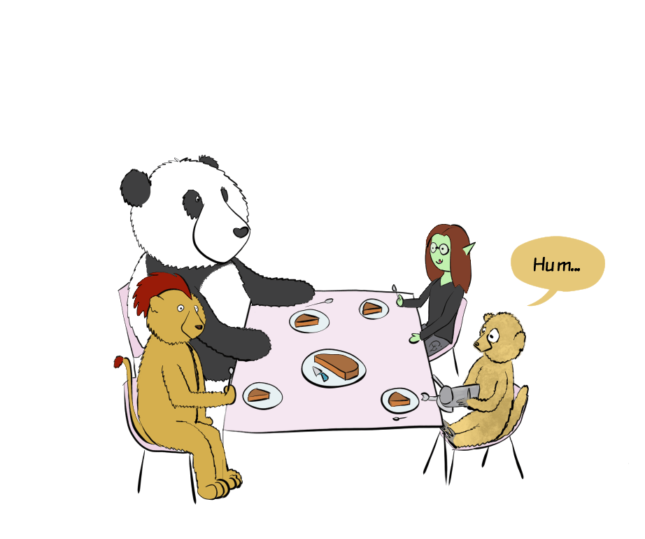 Moustache le panda, Petit Lutin, un lion punk avec la crinière en forme de crête et un suricate sont à table, ils vont manger du gâteau. Le suricate tient le siphon à chantilly dans les mains, mais il n'a pas l'air de bien savoir comment s'en servir (il n'oriente pas le siphon bien verticalement).