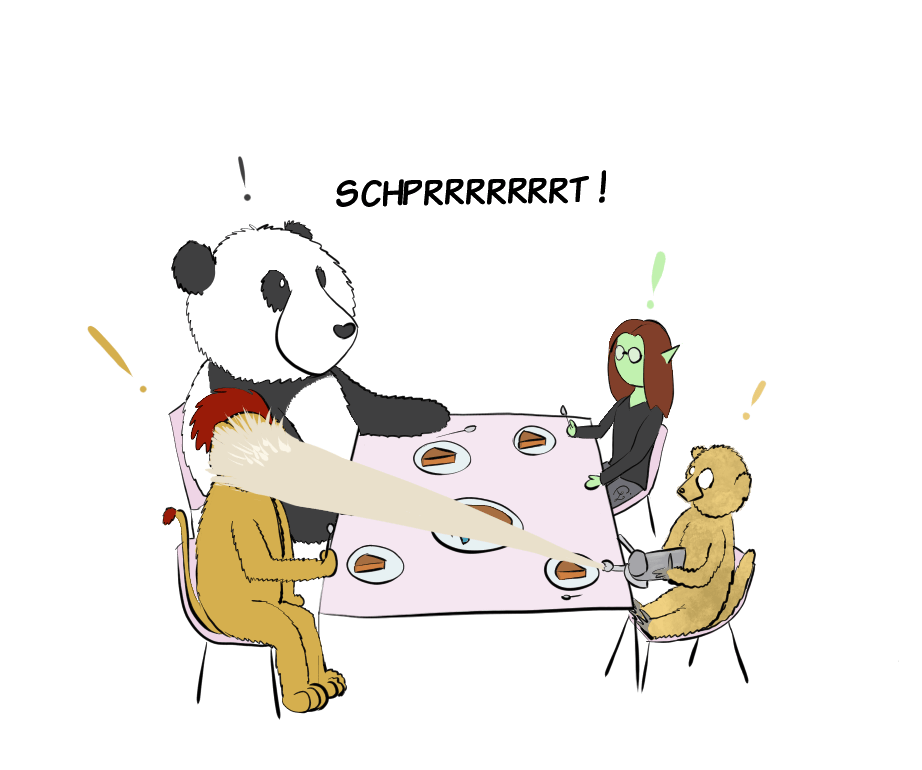 Comme le suricate n'orientait pas bien le siphon, la chantilly est expulsée dans un grand bruit et n'atterrit pas sur sa part de gâteau, mais sur le lion en face de lui !