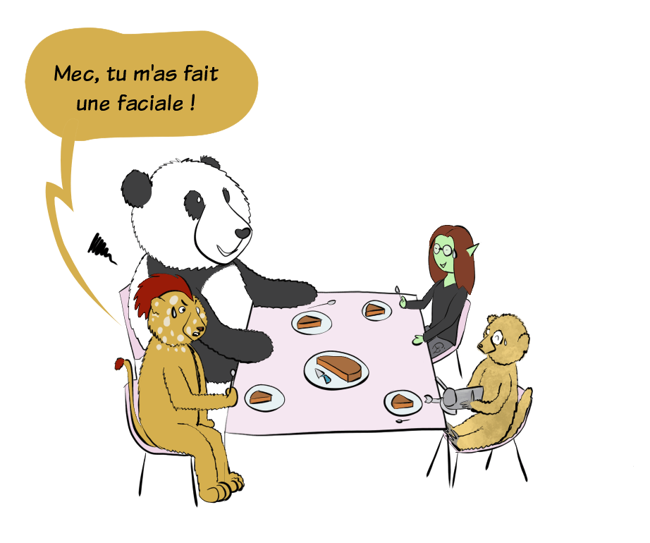 Le lion est surpris et furieux, et s'écrit "Mec, tu m'as fait une faciale !" Moustache est goguenard.