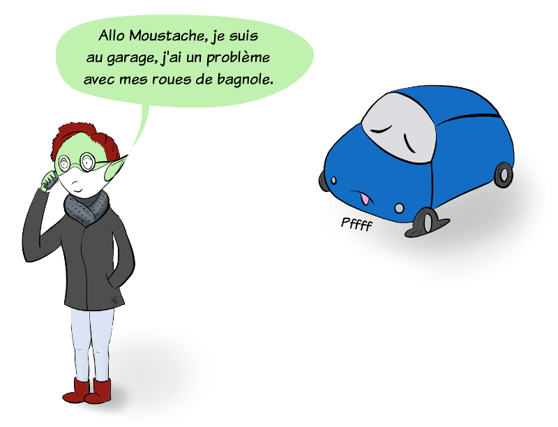 Case BD : Petit Lutin téléphone à Moustache le panda. Elle lui dit qu'elle est au garage parce qu'elle a un problème avec ses roues de bagnole. En arrière-plan, la Lutinmobile a un pneu complètement à plat.