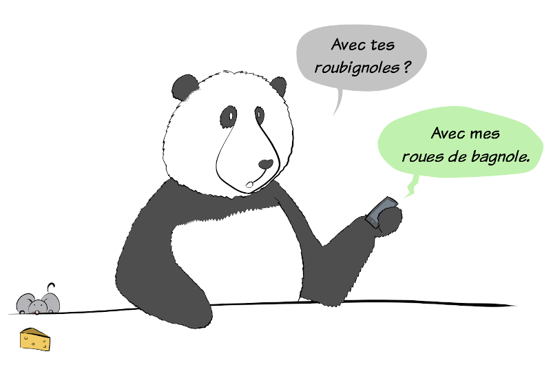 Moustache, choqué, a entendu que Petit Lutin avait un problème avec ses roubignoles. Petit Lutin s'empresse de le corriger. Une petite souris grimpe sur la table près de Moustache pour attraper du fromage.