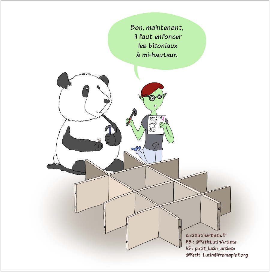 Case de BD : Petit Lutin et Moustache montent un meuble Ikea. Petit Lutin est en train de lire la notice, et elle dit "Bon, maintenant, il faut enfoncer les bitoniaux à mi-hauteur dans les trous prévus à cet effet".