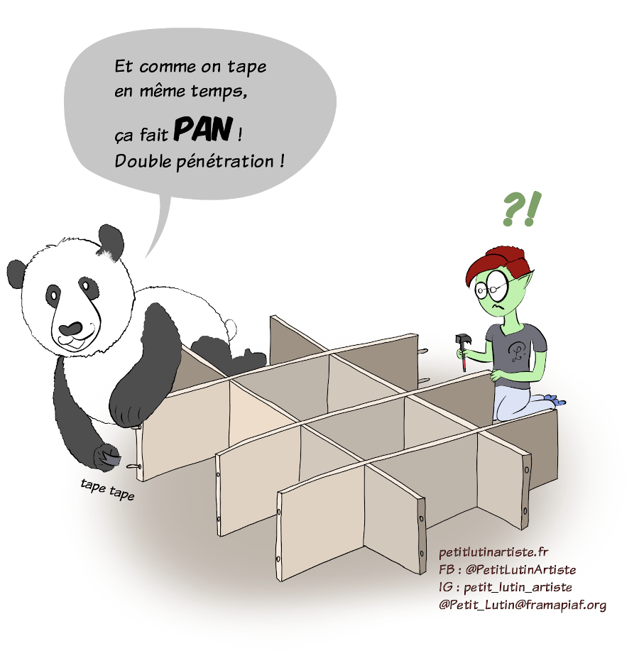 Case de BD : Moustache le panda, en train de taper avec le marteau pour enfoncer un des bitoniaux, crie : "Et comme on tape en même temps, ça fait PAN! Double pénétration !" Petit Lutin est abasourdie, sous le choc de la surprise.