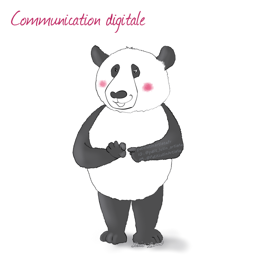 Il est écrit "communication digitale" en haut de l'illustration. Moustache le panda a un regard lubrique et les joues rouges, et il met l'index d'une main entre le pouce et l'index de l'autre : le signe des humains pour dire qu'ils veulent copuler.
