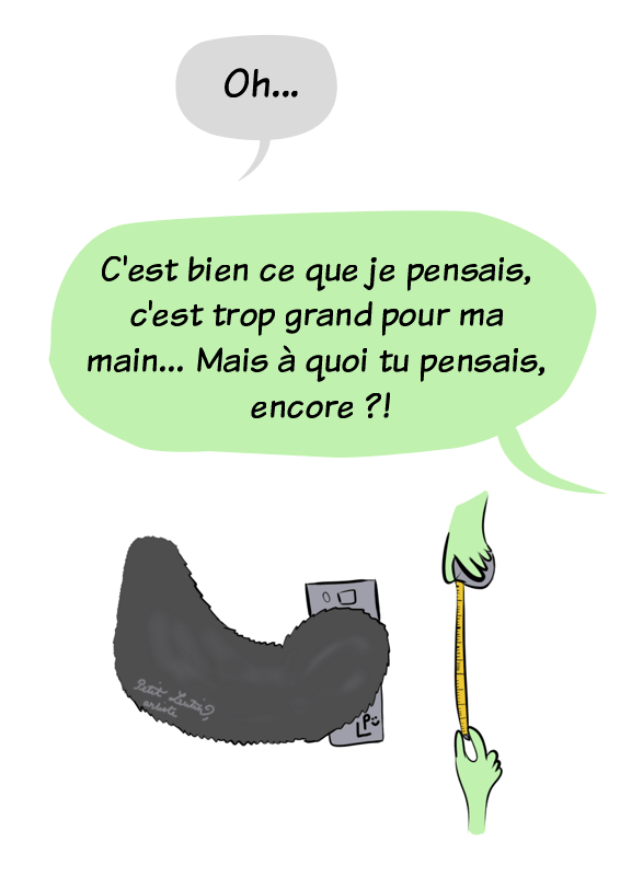 Quelle n'est pas la déception de Moustache quand il comprend que ce sont les mesures de son téléphone qui intéressent Petit Lutin... Elle ajoute quand même "C'est bien ce que je pensais, c'est trop grand pour ma main... Mais à quoi tu pensais, encore ?!"